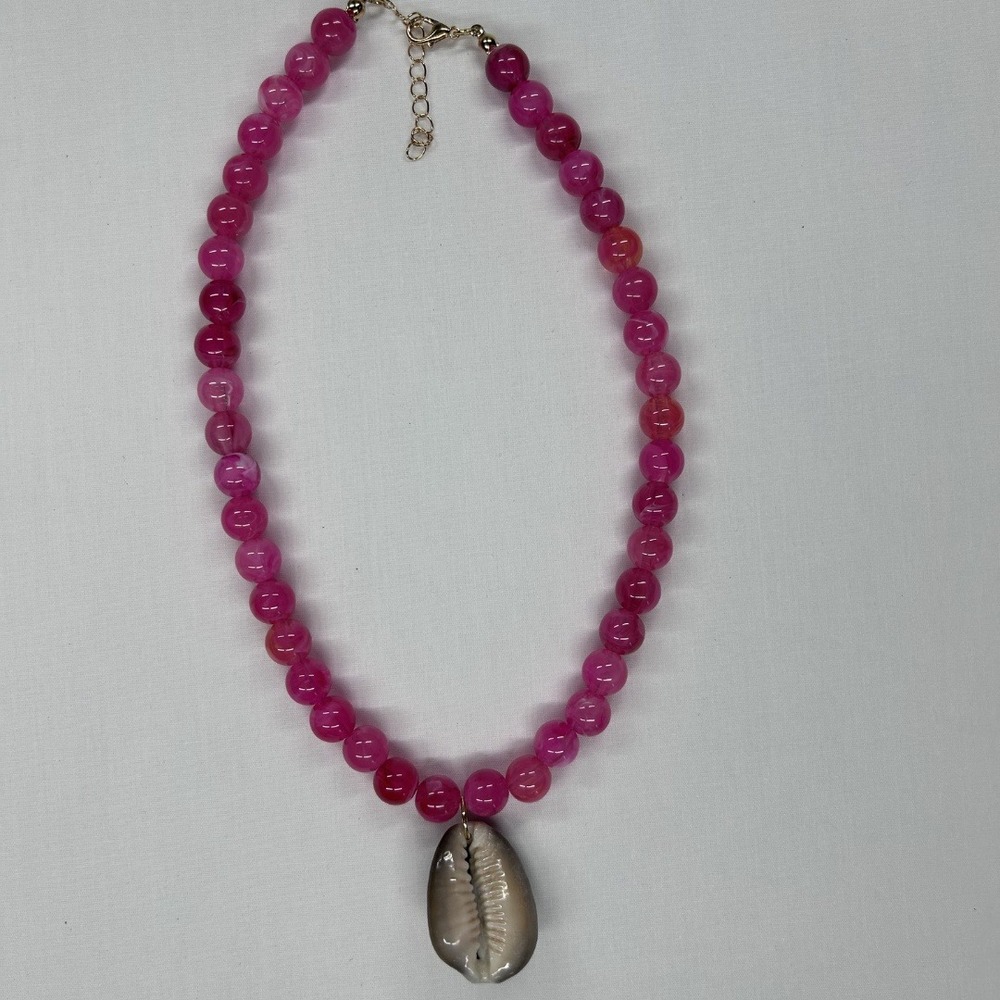 Handmade Cowrie Shell Pendant Hot Pink Agate Beaded Necklace